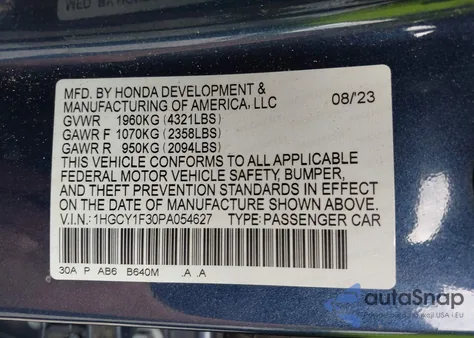 2023 Honda Accord Ex из США, поврежденный, VIN 1HGCY1F30PA054627